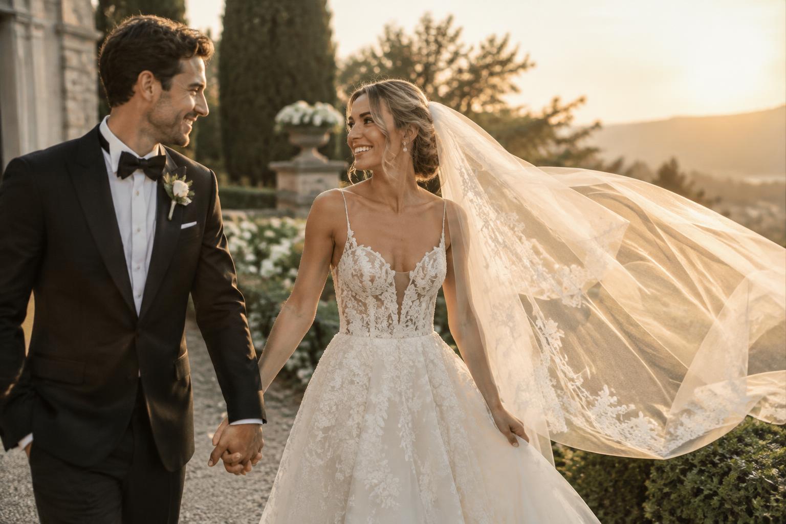 Un couple de mariés partage un moment de joie avec sa famille