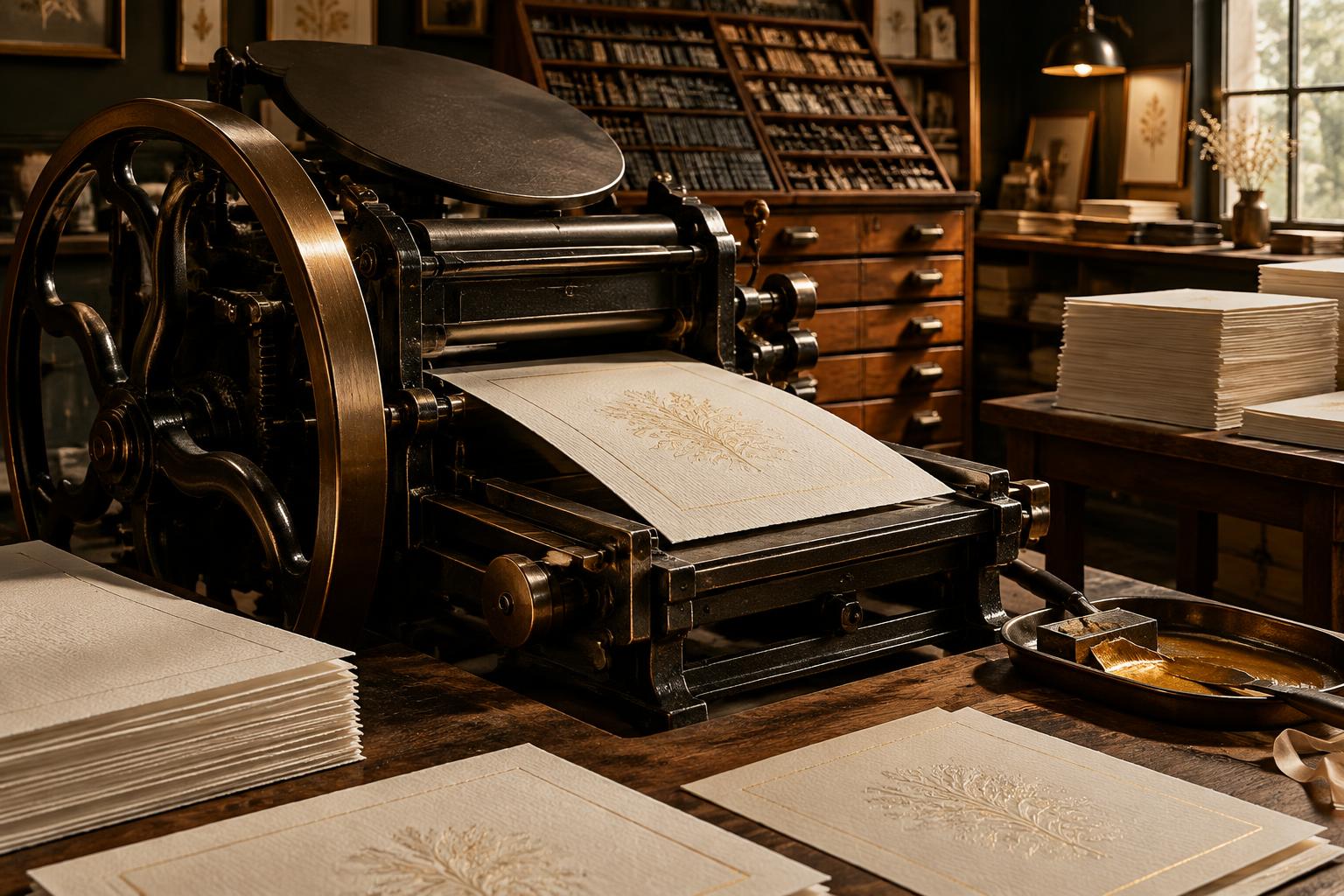 Imprimerie ancienne : rotative de qualité et papier gaufré